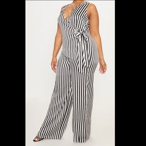 Black Striped Wrap Wide Leg Jumpsuit